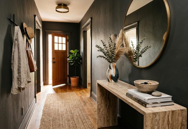 A hero shot of a narrow entryway featuring a slim 10-inch honed travertine console against a dark Benjamin Moore Iron Mountain wall with warm 2700K lighting.