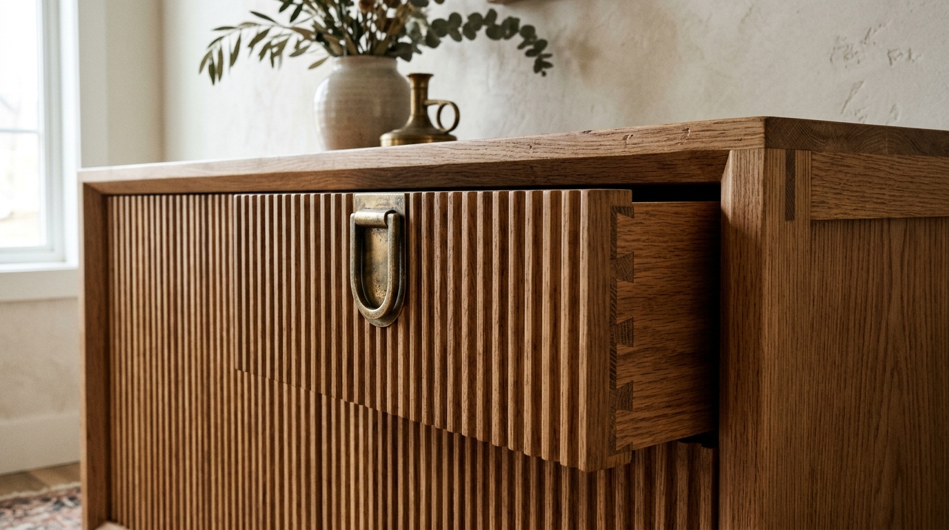 Slim console table for entryway with fluted wood details and integrated storage for mail and keys.