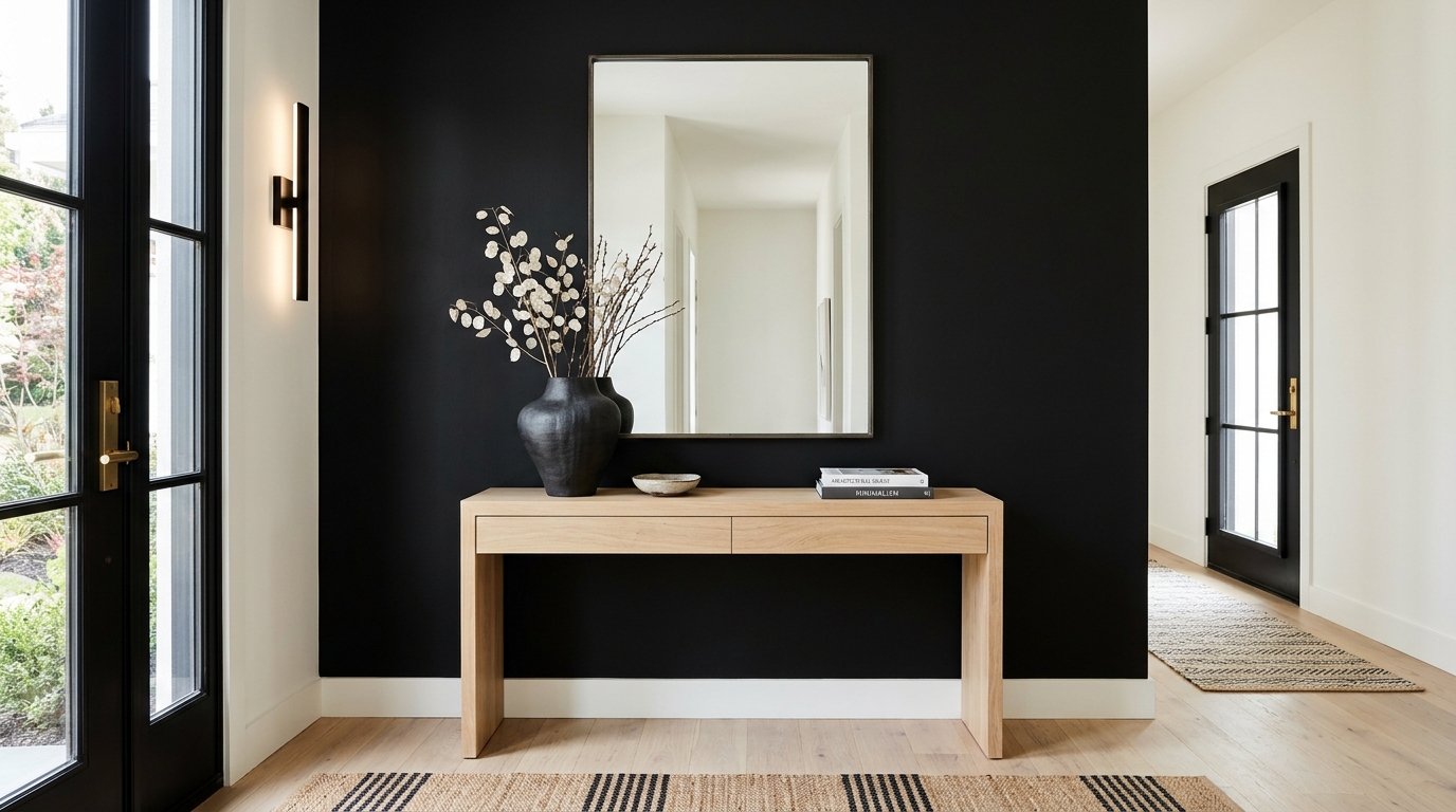 Architectural Digest style entryway with a high-contrast palette of white oak and matte black accents.