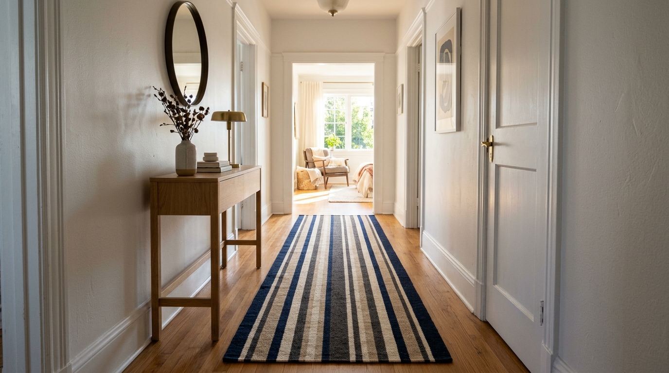 Narrow hallway runner rug with a linear pattern to draw the eye forward in a long, constrained corridor.