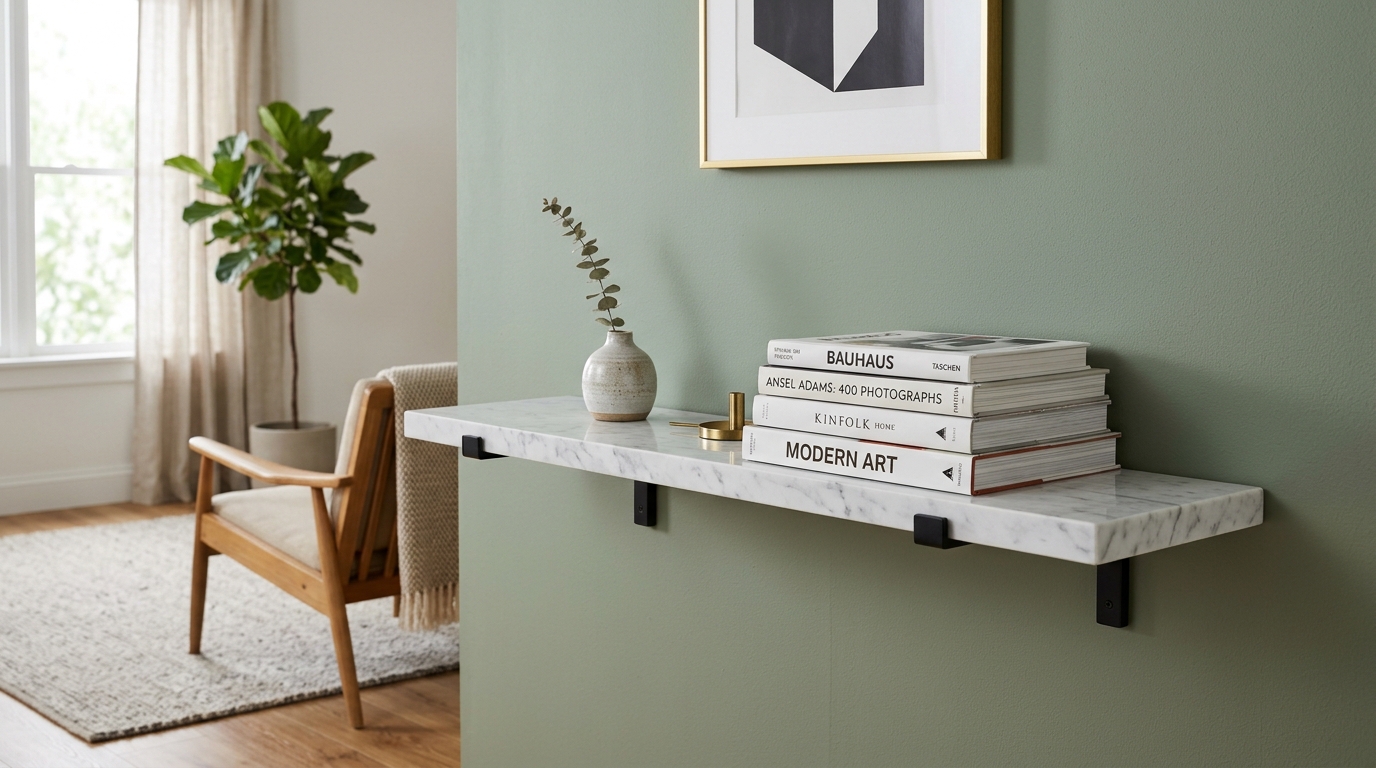 Modern floating entryway shelf in white marble with minimalist hidden brackets on a Sage Green wall.