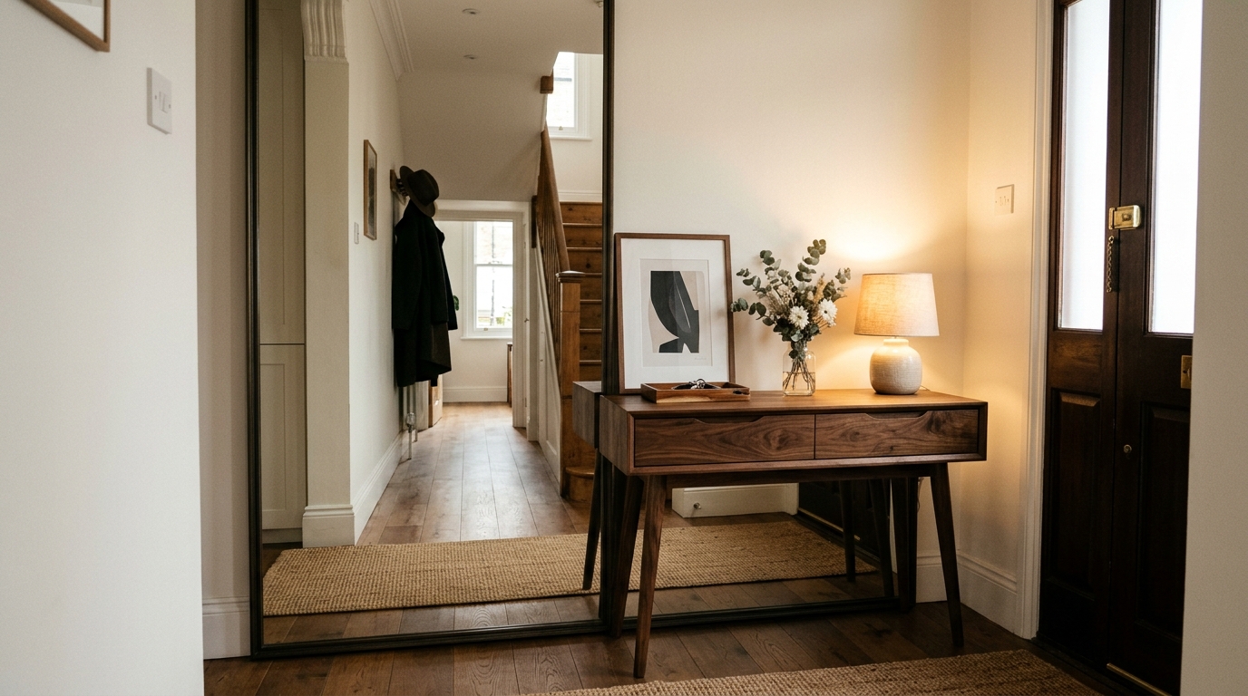 Small entryway console table with mirror showing the reflection of a light-filled living room to increase depth.