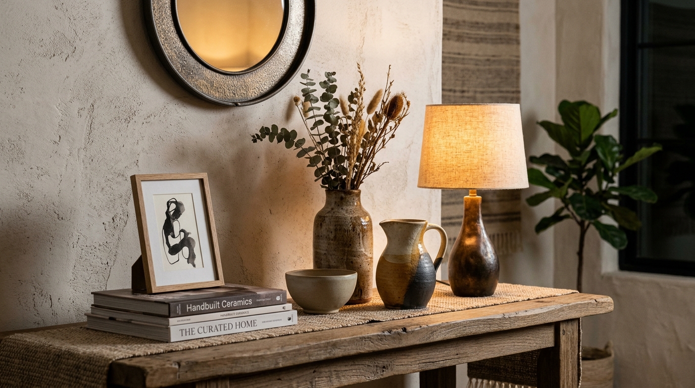 Decorative entryway table with a curation of artisanal ceramics and a small architectural lamp.