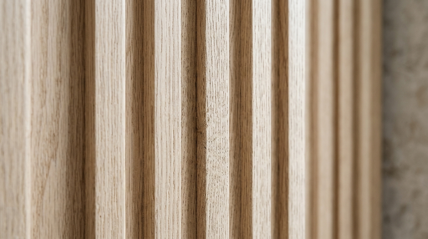 Close-up of a fluted white oak console table detail emphasizing the vertical texture in a narrow space.