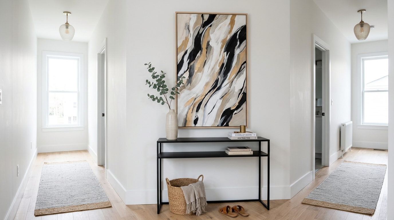 Hallway furniture layout with a slim console and a large-scale abstract painting above for vertical impact.