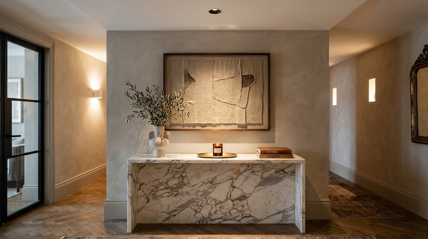Lighting design for small entryway featuring a high CRI 90+ recessed spotlight highlighting a stone console.