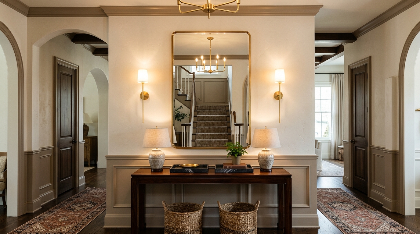 Entryway styling with a focus on symmetry: Two small sconces flanking a tall vertical mirror.