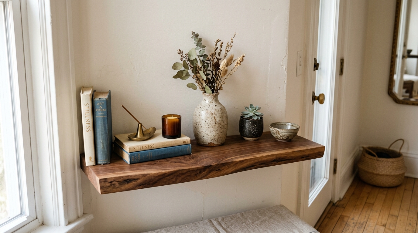 Modern floating entryway shelf in a small alcove with a curated collection of art books.