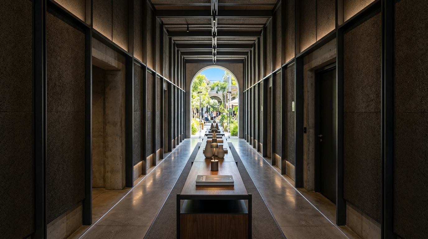 Architectural sightline through a narrow hallway toward a bright, sunlit open-plan kitchen.