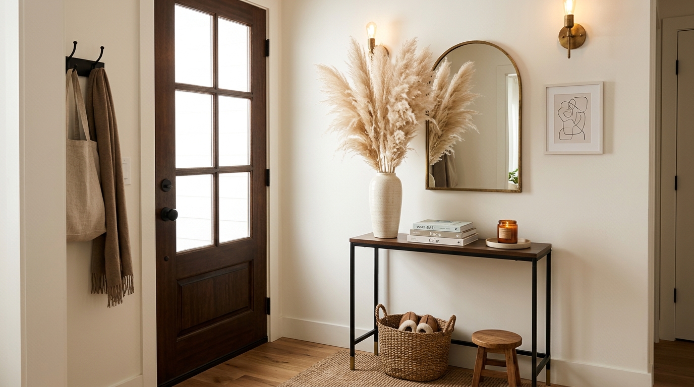 Small entryway decor ideas: Using tall dried botanicals to add height without taking up floor width.