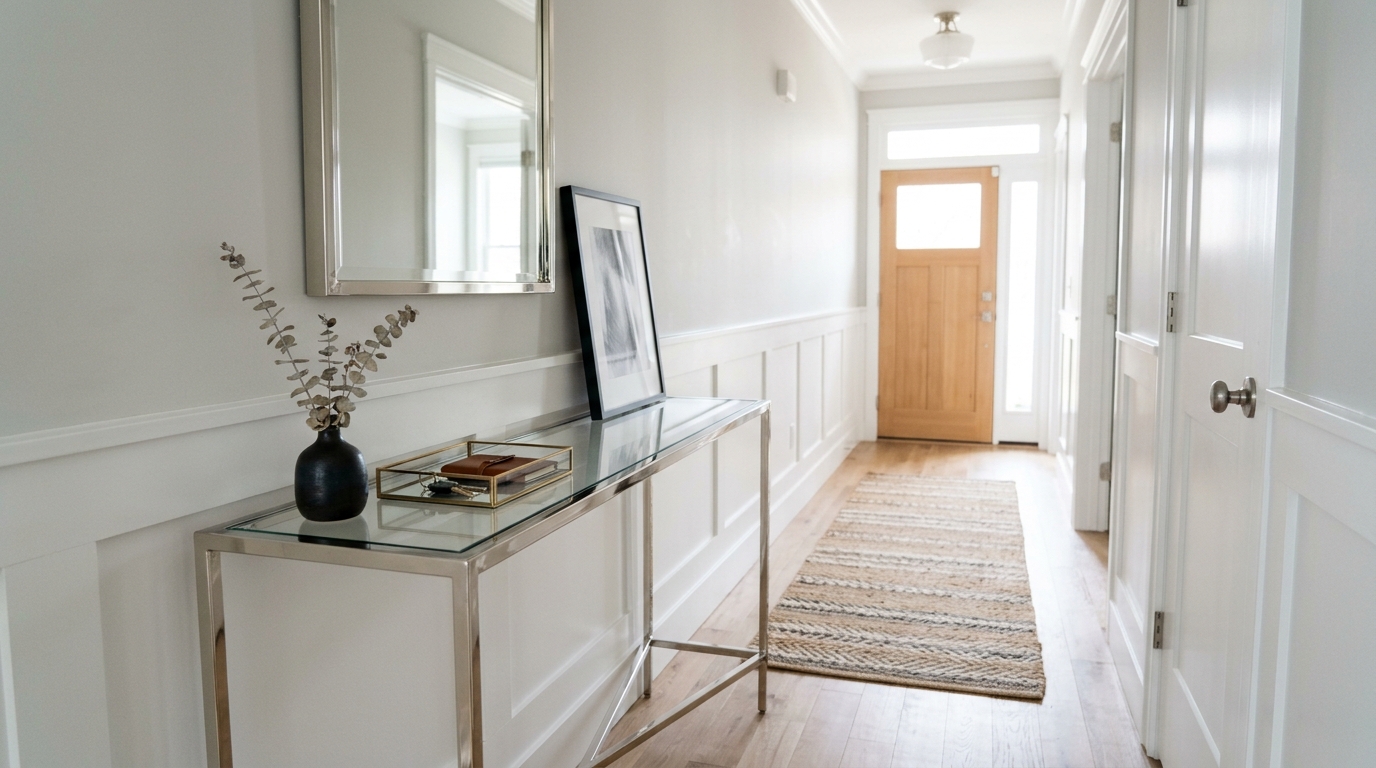 Slim console table for entryway with a polished nickel finish and a glass top to maintain visual openness.
