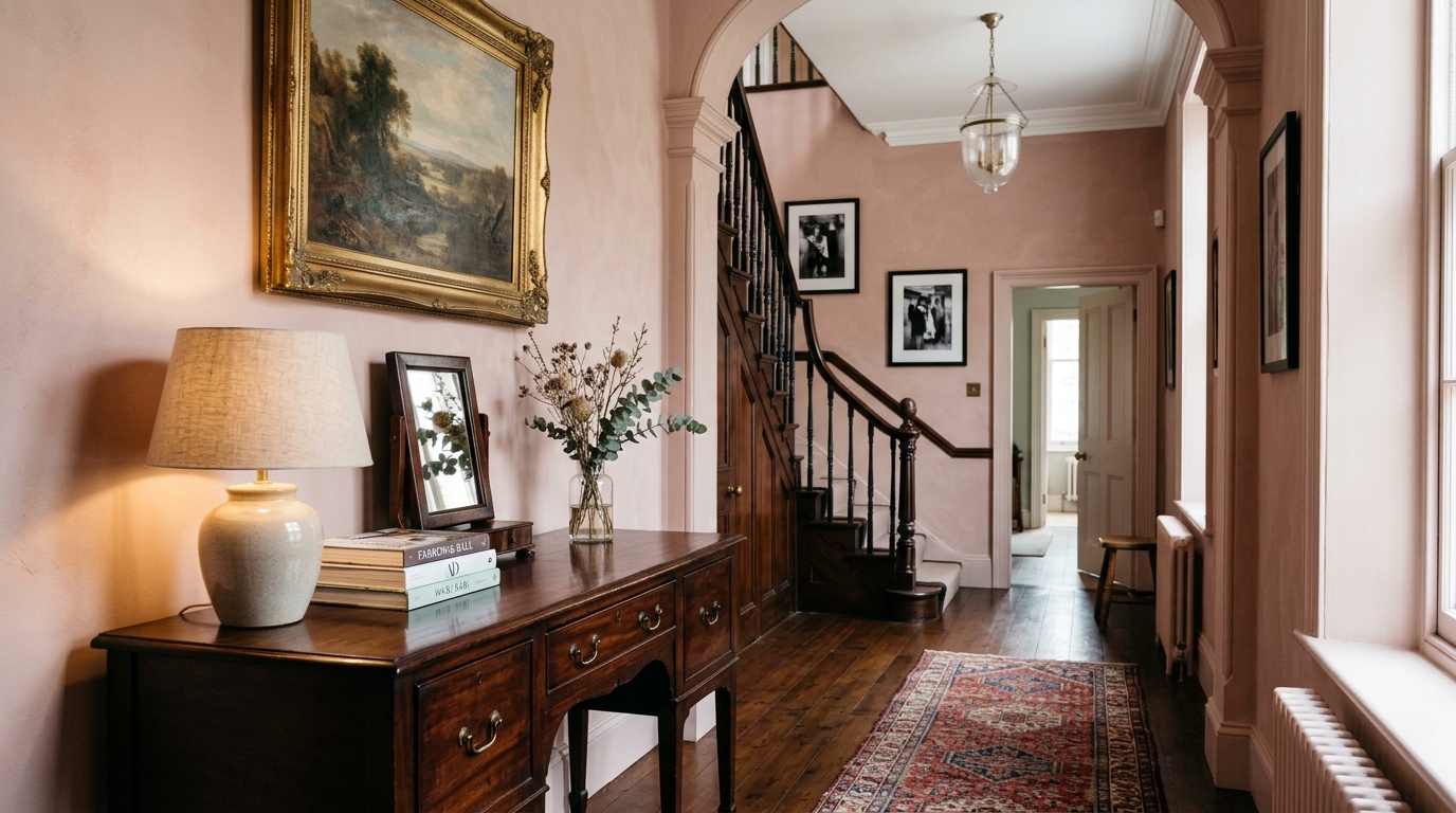 Farrow & Ball Setting Plaster walls in a narrow entry paired with a dark oak slim console.