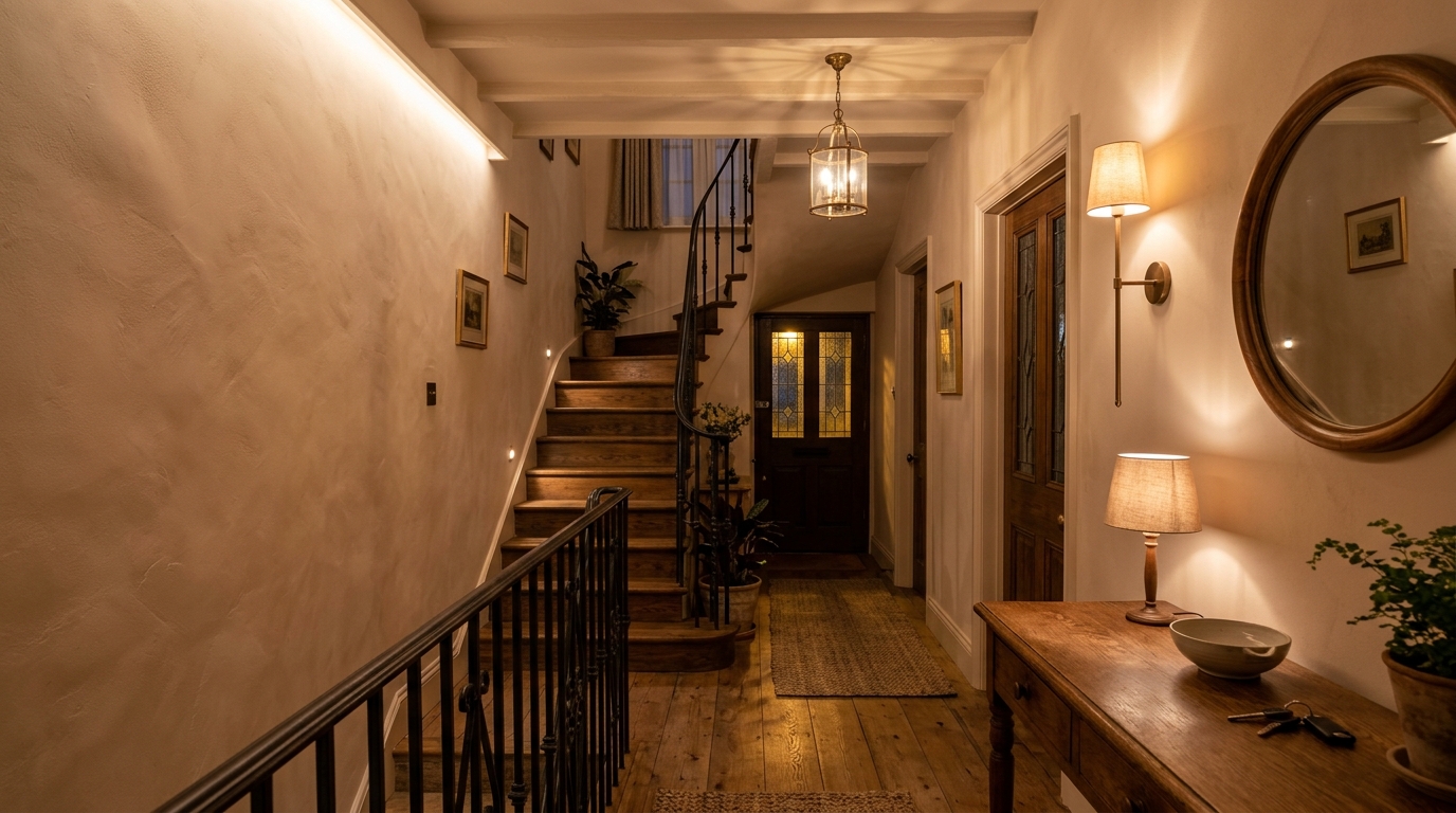 Interior view of a narrow foyer with 2700K warm ambient lighting creating a welcoming atmosphere.