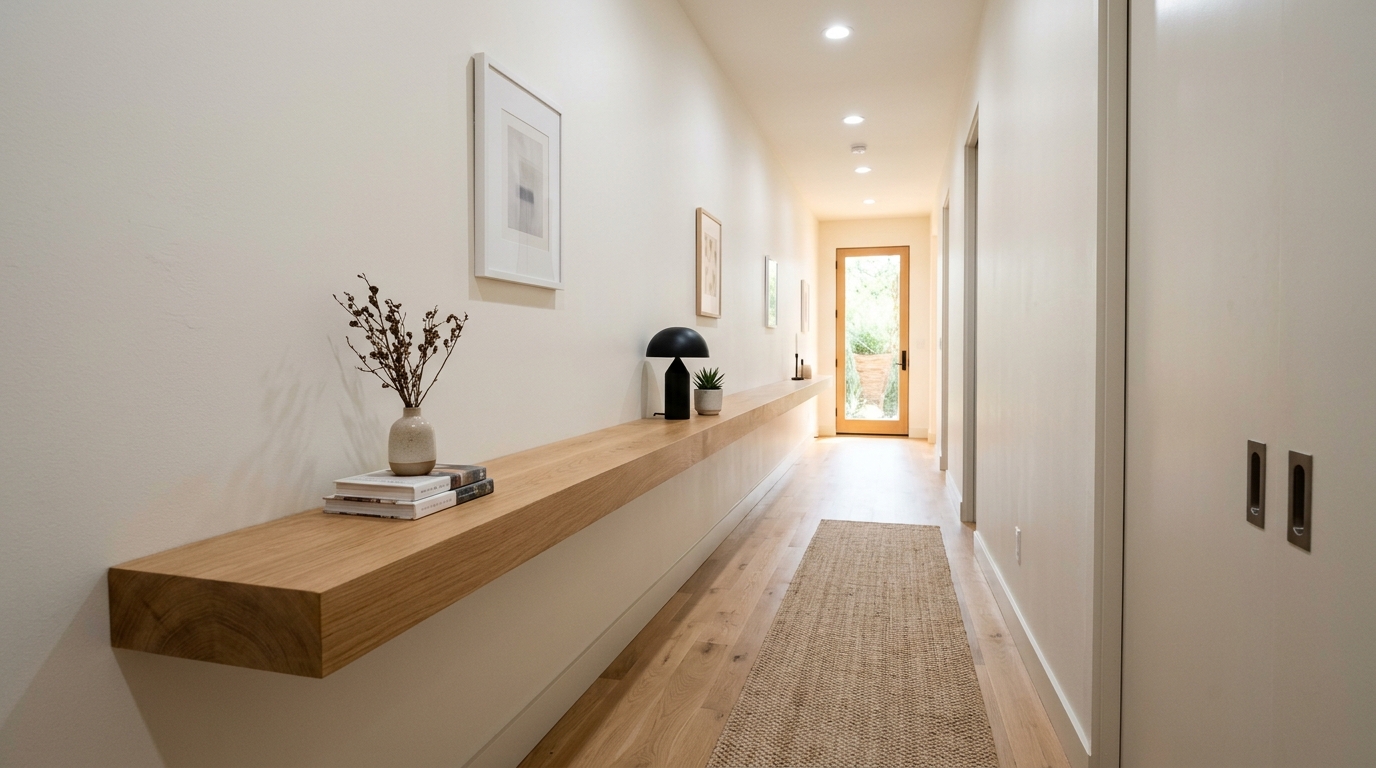 Narrow entryway ideas: A wall-to-wall floating ledge in a contemporary minimalist home.
