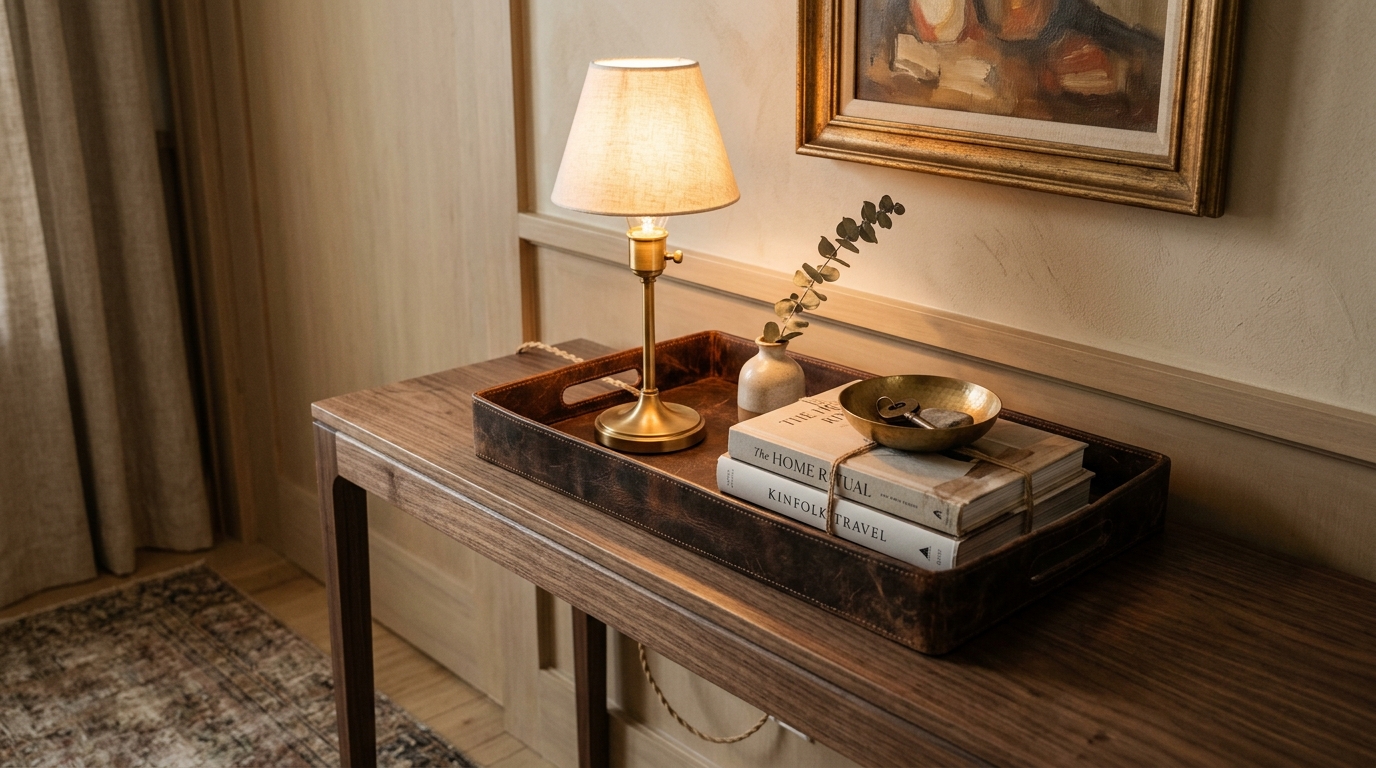 Detail of a narrow console table with a leather-lined tray and a small brass table lamp.