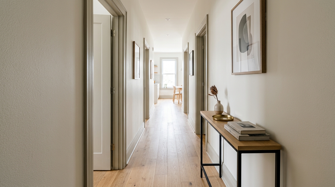 Final architectural perspective of a perfectly proportioned narrow hallway with a focus on geometric flow.