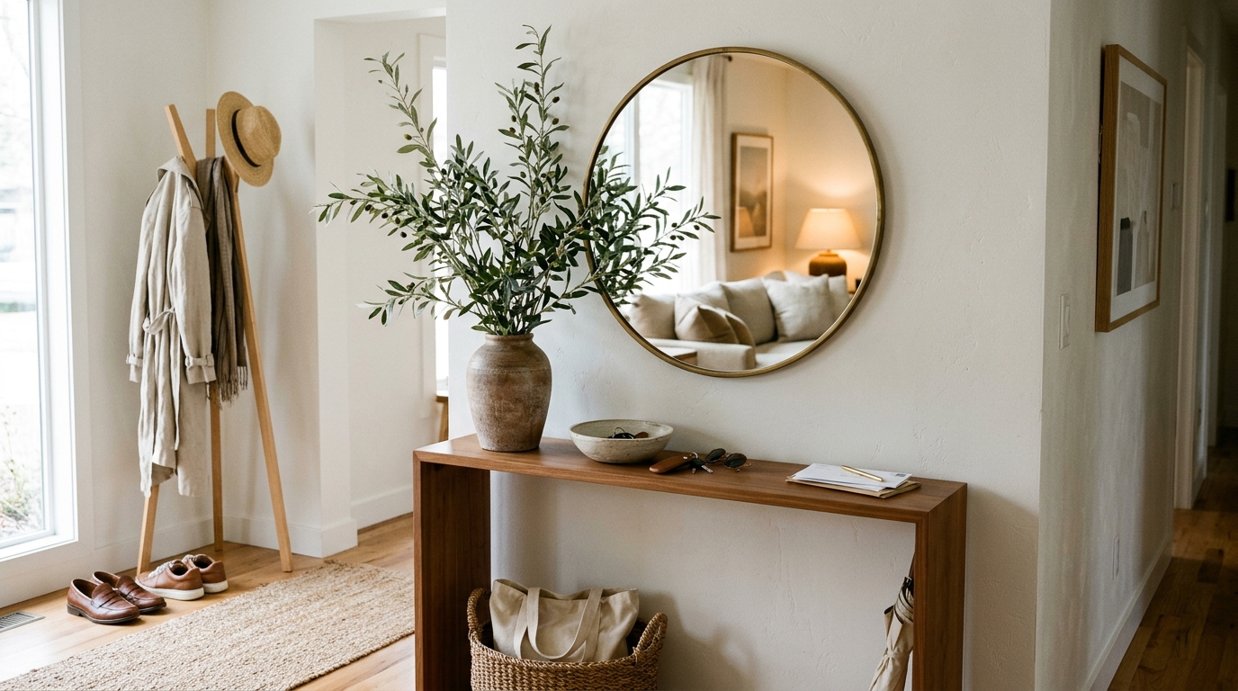 A functional living snapshot of a narrow entry drop zone with a slim console, a minimalist mirror, and an organic ceramic vase with tall branches.