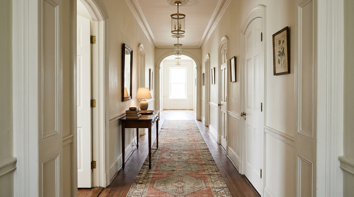 Entryway styling featuring a vintage Oushak runner rug in muted earth tones leading toward a slim console.