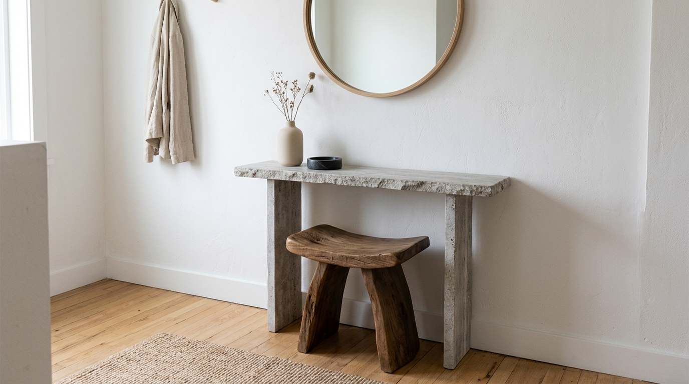 Small entryway decor ideas: A single sculptural stool tucked under a 10-inch depth stone console.