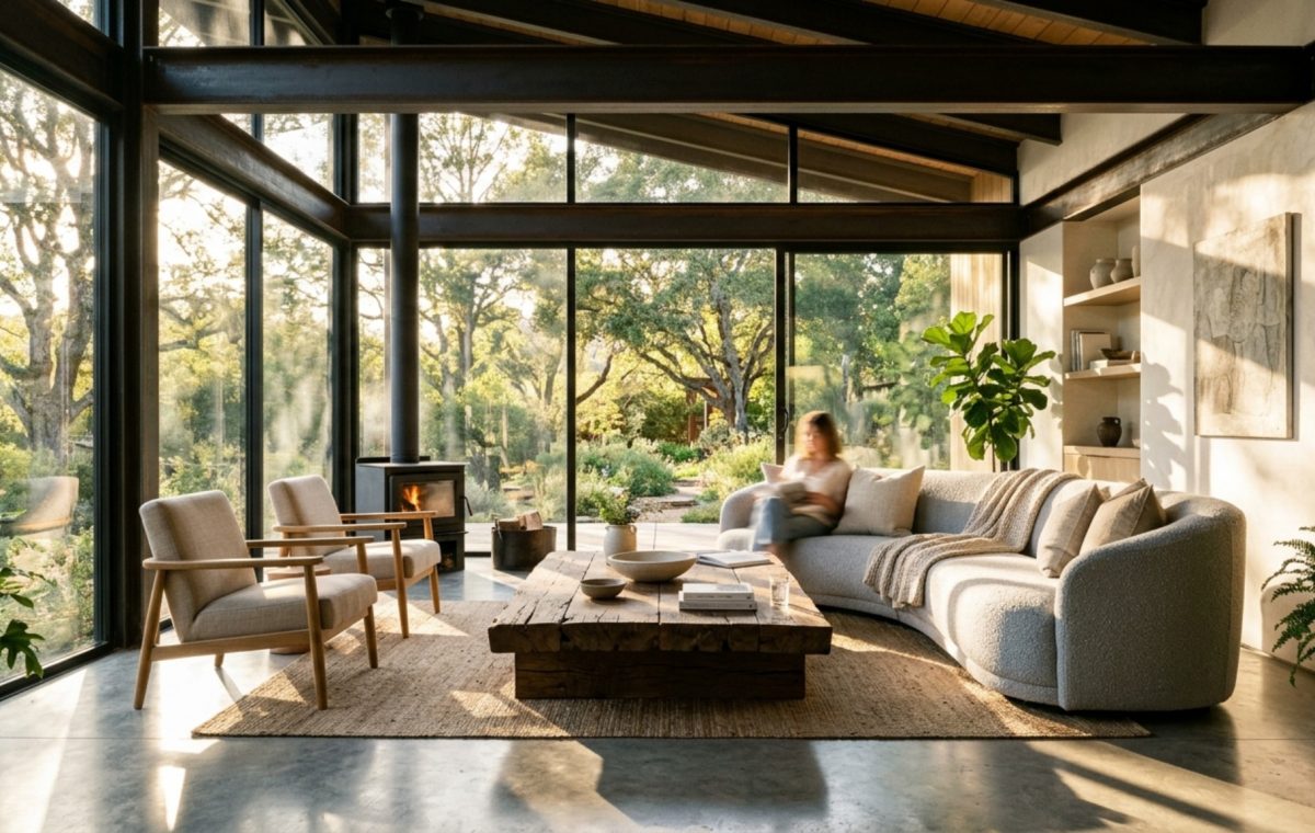 organic modern living room with soaring ceilings, a low-profile linen sofa, and a large reclaimed timber coffee table on polished concrete floors