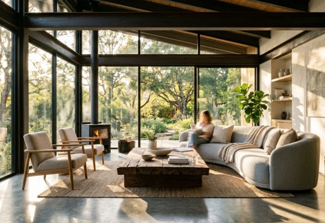organic modern living room with soaring ceilings, a low-profile linen sofa, and a large reclaimed timber coffee table on polished concrete floors