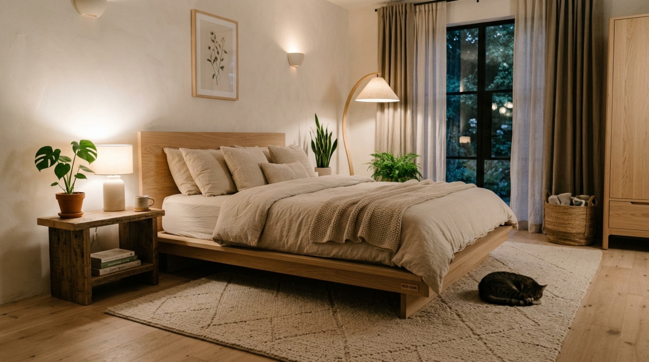 sustainable furniture trends 2025 showcasing a bed frame made from FSC-certified ash wood with natural oil finishes in a bright bedroom