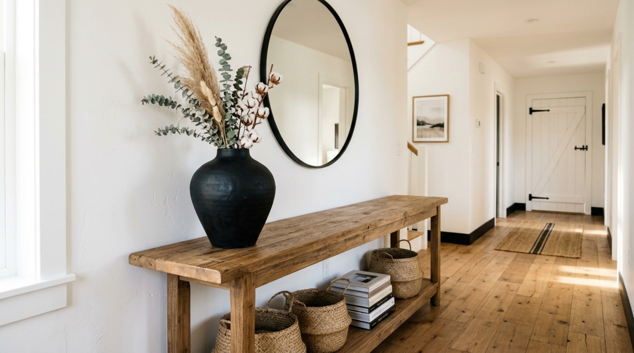 modern farmhouse decor ideas with a large reclaimed elm console table and a singular oversized clay vessel in a minimalist hallway