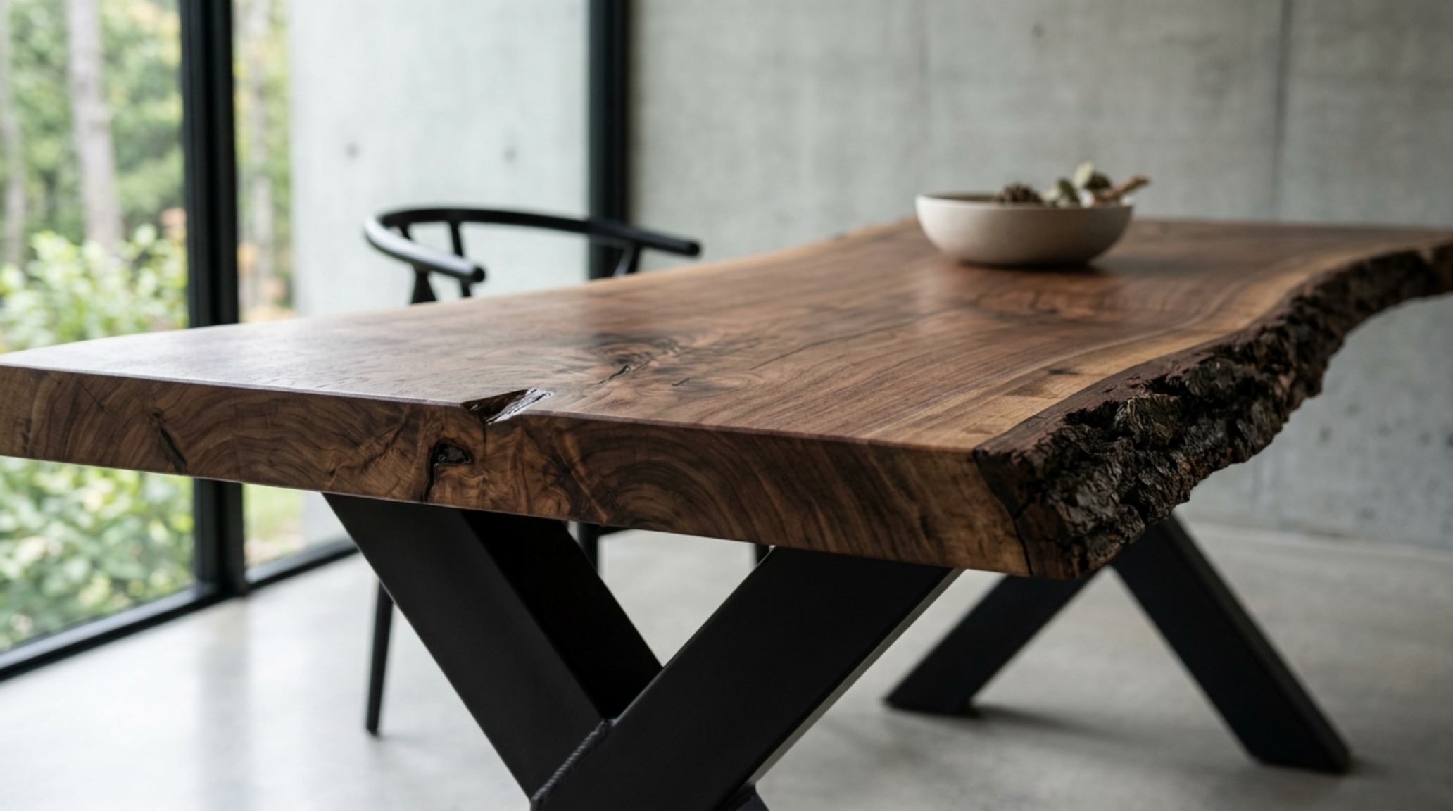 live edge wood dining tables crafted from French Oak with architectural blackened steel legs in a glass-walled modern dining room