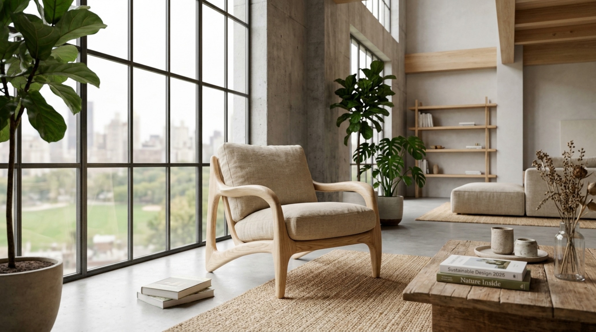 sustainable furniture trends 2025 featuring biomorphic curved wood armchairs and a recycled wool rug in a sun-drenched loft