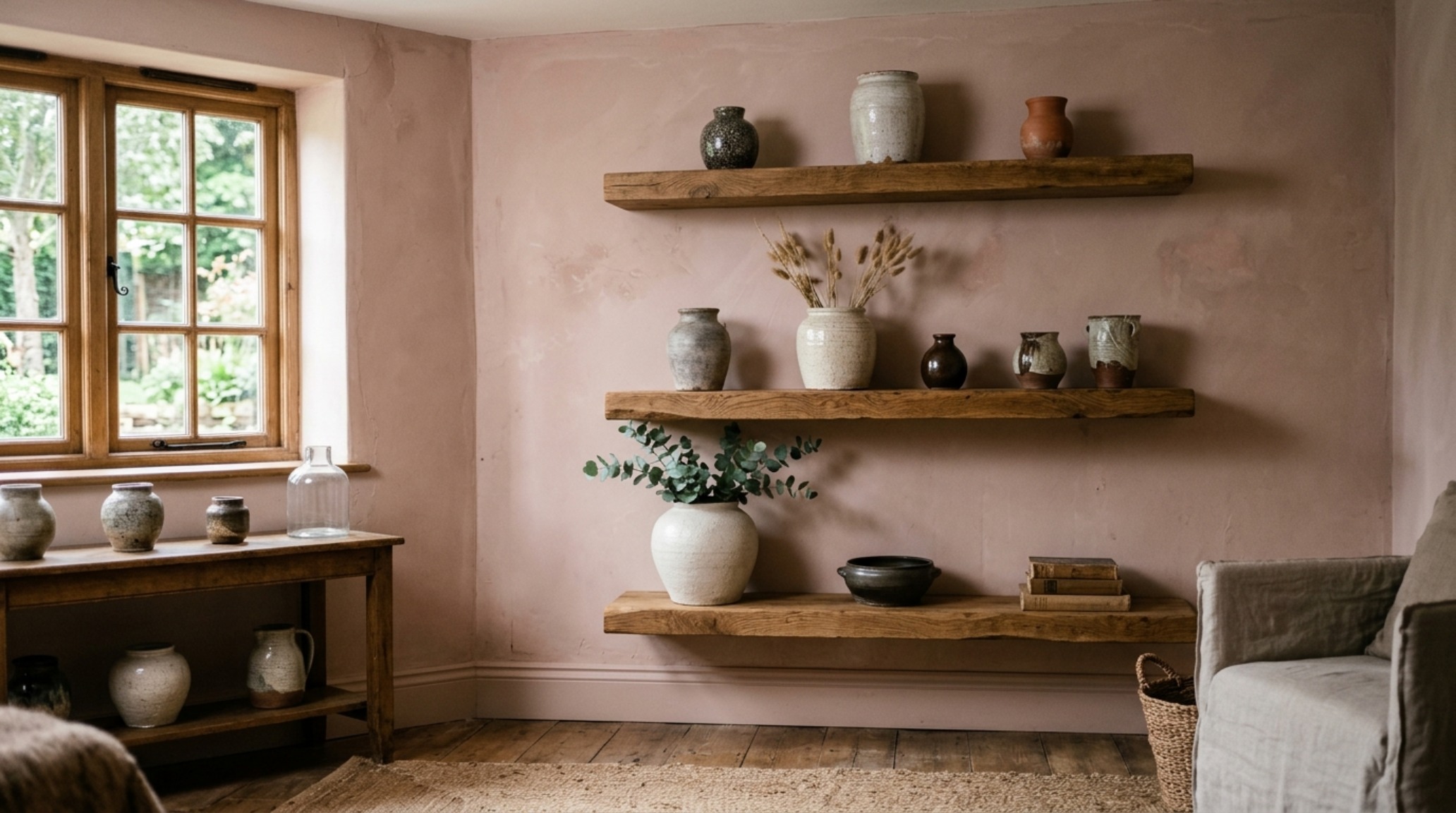 rustic-chic color palettes shown through a plaster-finished wall with warm oak shelving and layered earthy textiles in stone and charcoal