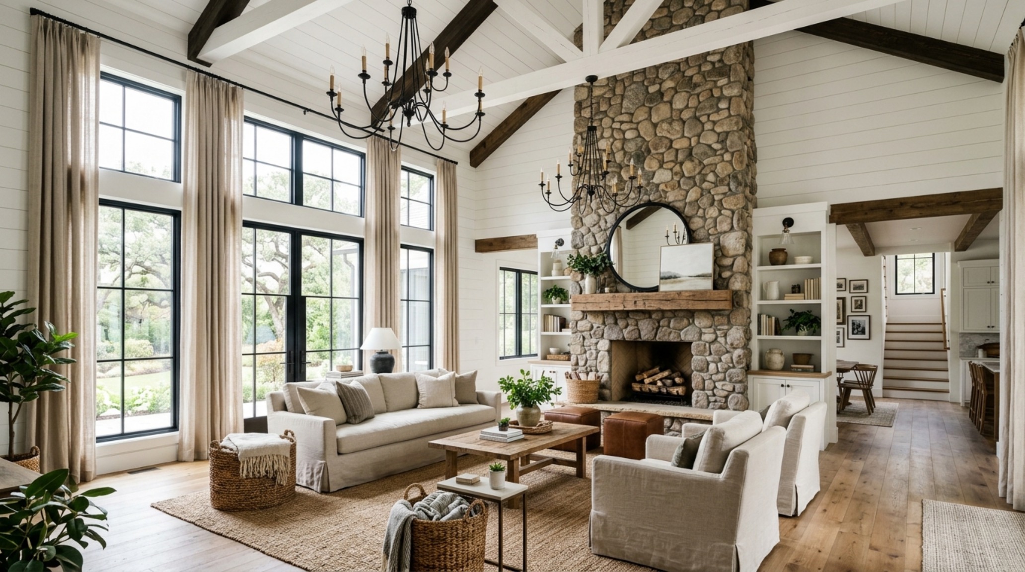 modern farmhouse decor ideas including a massive stone fireplace mantel with minimalist iron sconces and a hand-knotted neutral rug