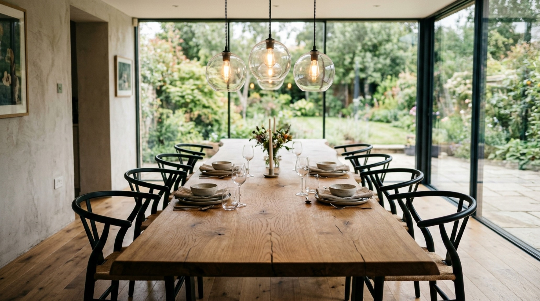live edge wood dining tables set with hand-thrown ceramic dinnerware and matte black cutlery in an open-concept architectural home