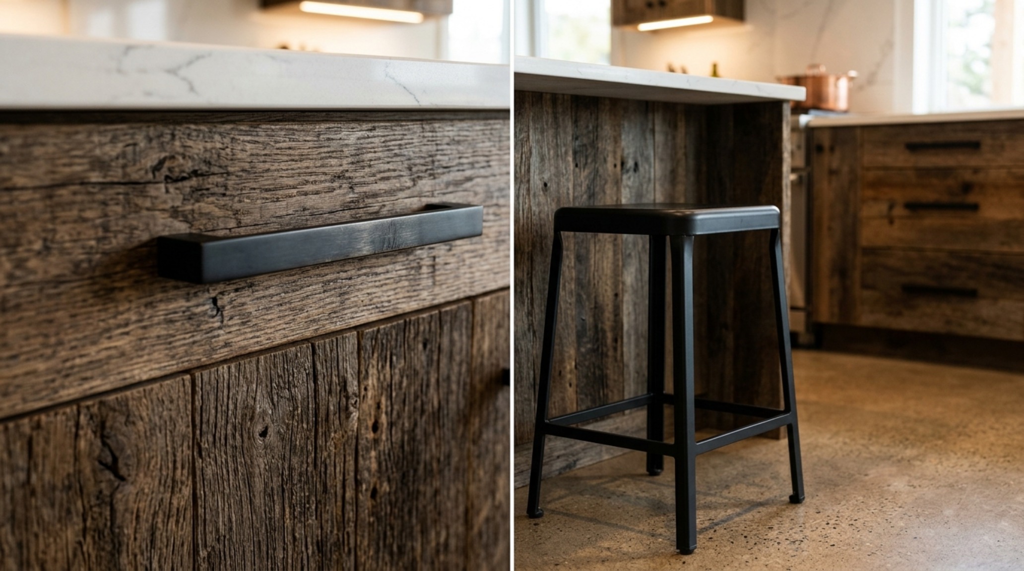 matte black hardware furniture accents on floating oak shelves against a soft white Farrow & Ball painted wall