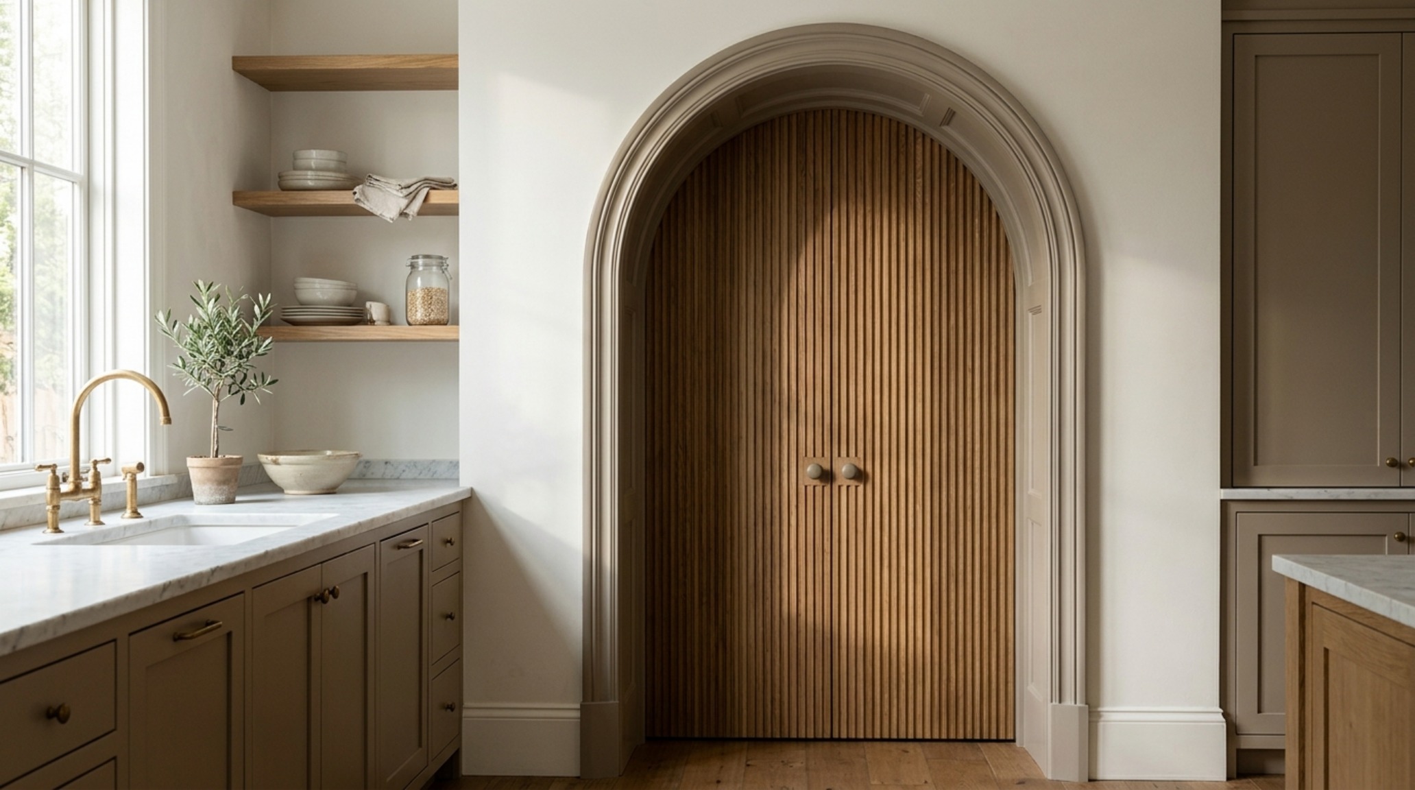A custom arched pantry portal finished in Benjamin Moore Waynesboro Taupe, featuring bespoke millwork that seamlessly integrates small pantry organization ideas into a high-design kitchen environment. A custom arched pantry portal finished in Benjamin Moore Waynesboro Taupe, featuring bespoke millwork that seamlessly integrates small pantry organization ideas into a high-design kitchen environment.