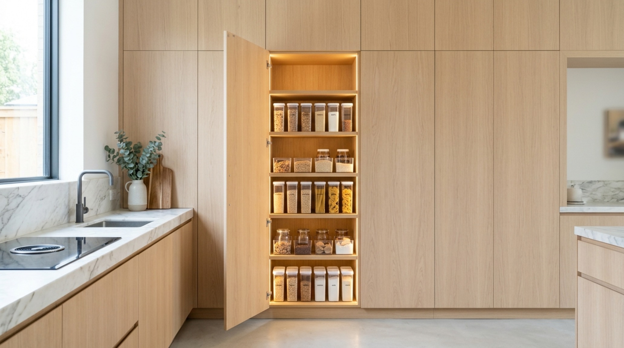 Integrated invisible cabinetry showing a flush-mount pantry door in fluted white oak, illustrating modern small kitchen storage solutions and minimal architectural sightlines. Integrated invisible cabinetry showing a flush-mount pantry door in fluted white oak, illustrating modern small kitchen storage solutions and minimal architectural sightlines.