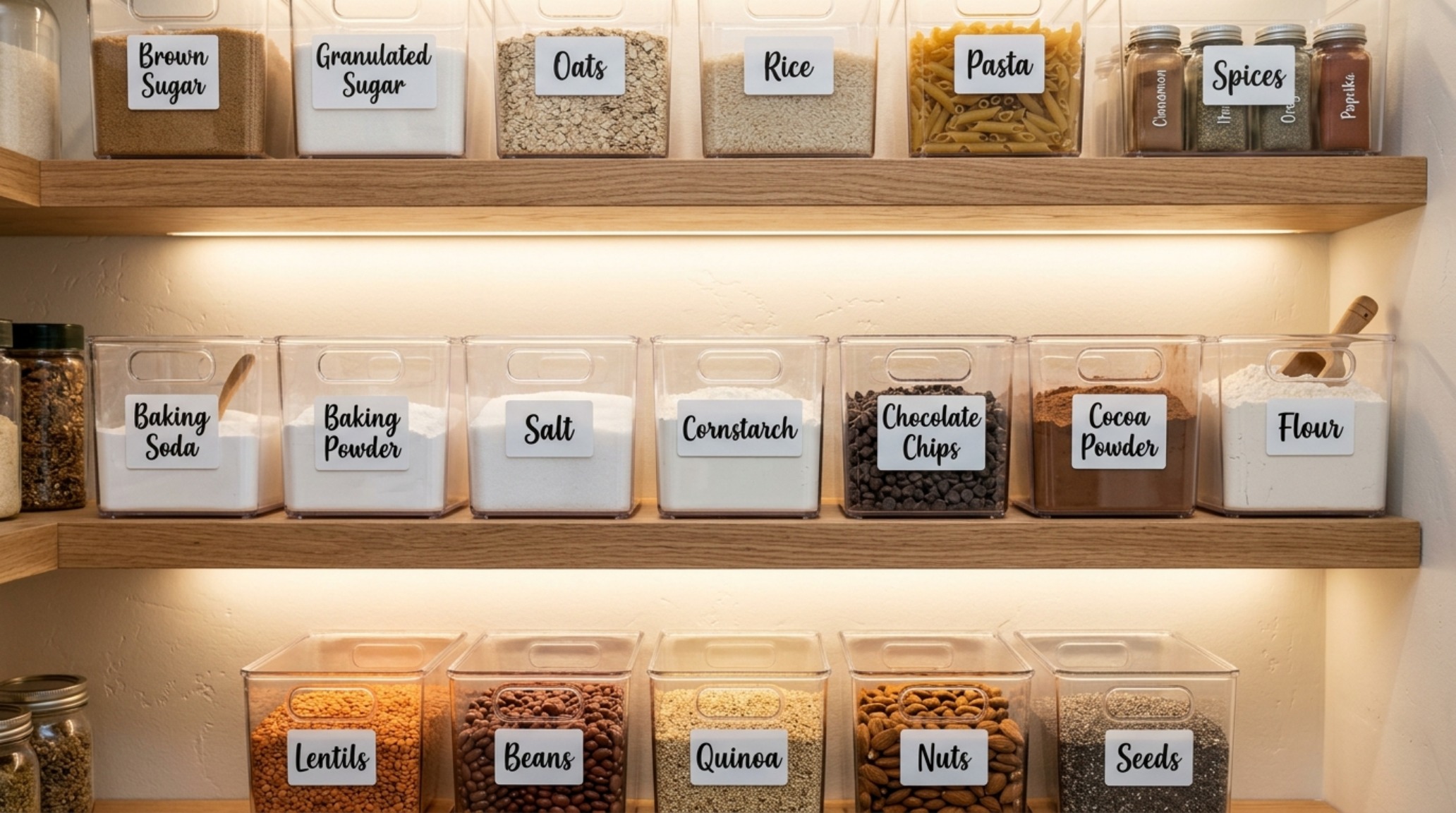 Interior view of a well-organized pantry with clear acrylic pantry storage bins and motion-sensor LED lighting at 3000K, highlighting efficient small pantry shelves layout. Interior view of a well-organized pantry with clear acrylic pantry storage bins and motion-sensor LED lighting at 3000K, highlighting efficient small pantry shelves layout.