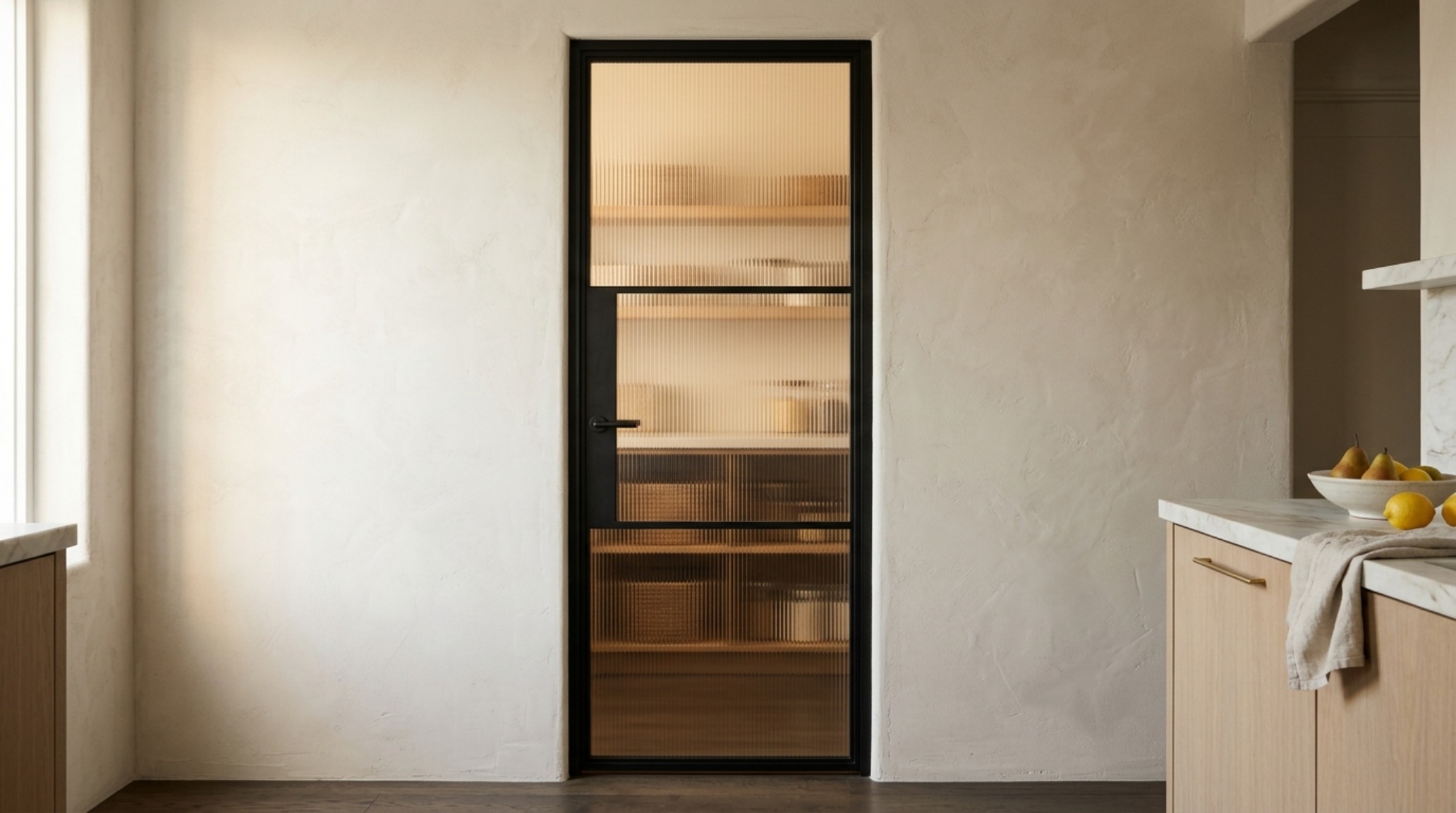 A modern steel-framed frosted glass pantry door with reeded texture, diffusing natural light and showcasing stylish pantry door design within a contemporary kitchen. A modern steel-framed frosted glass pantry door with reeded texture, diffusing natural light and showcasing stylish pantry door design within a contemporary kitchen.