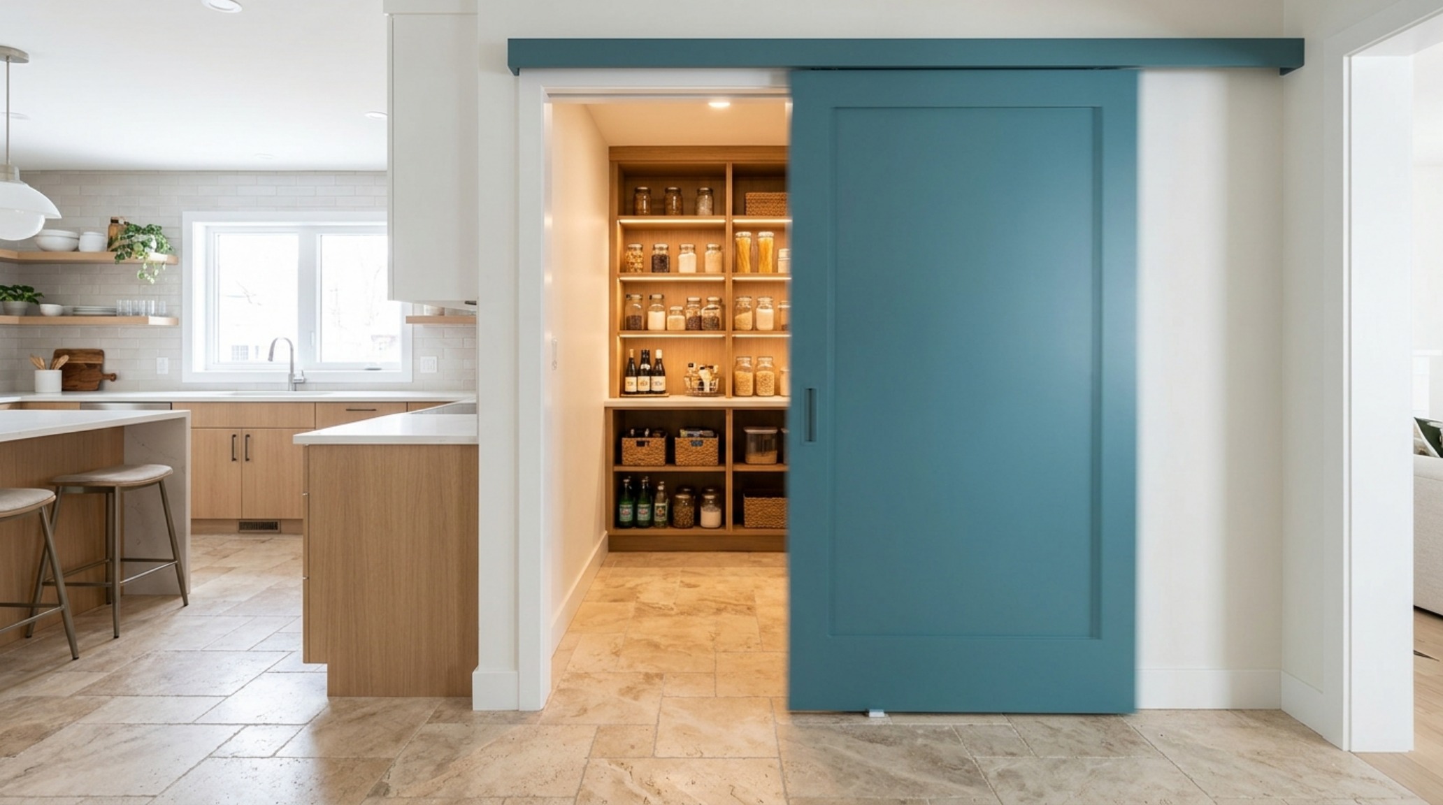 Modern sliding pantry doors on a hidden track system, finished in a matte charcoal, optimizing 36-inch walkway clearances in a compact luxury kitchen layout. Modern sliding pantry doors on a hidden track system, finished in a matte charcoal, optimizing 36-inch walkway clearances in a compact luxury kitchen layout.