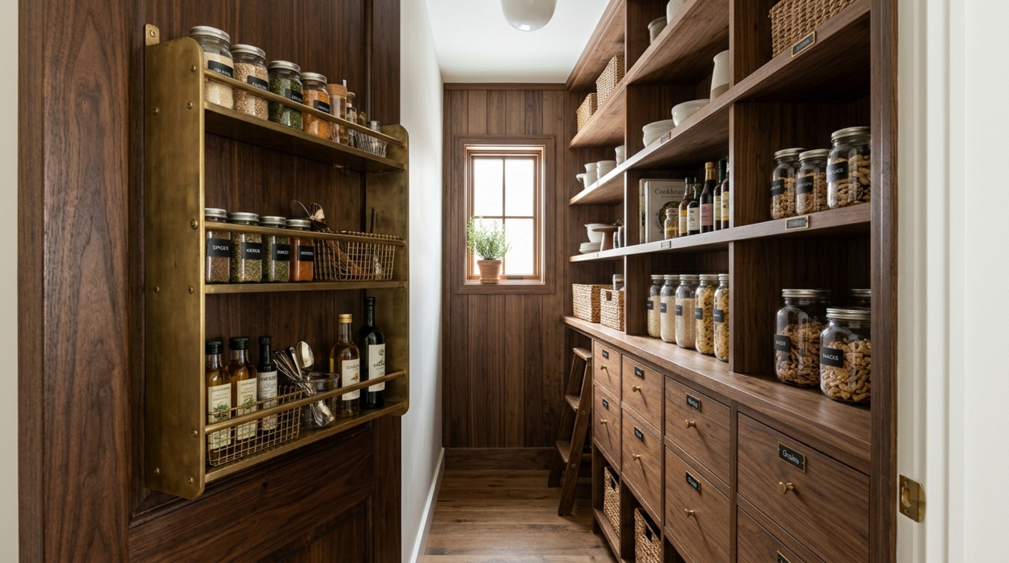 Bespoke walk-in pantry featuring door-mounted pantry storage racks in brushed brass, demonstrating high-intent walk in pantry organization hacks for narrow spaces. Bespoke walk-in pantry featuring door-mounted pantry storage racks in brushed brass, demonstrating high-intent walk in pantry organization hacks for narrow spaces.