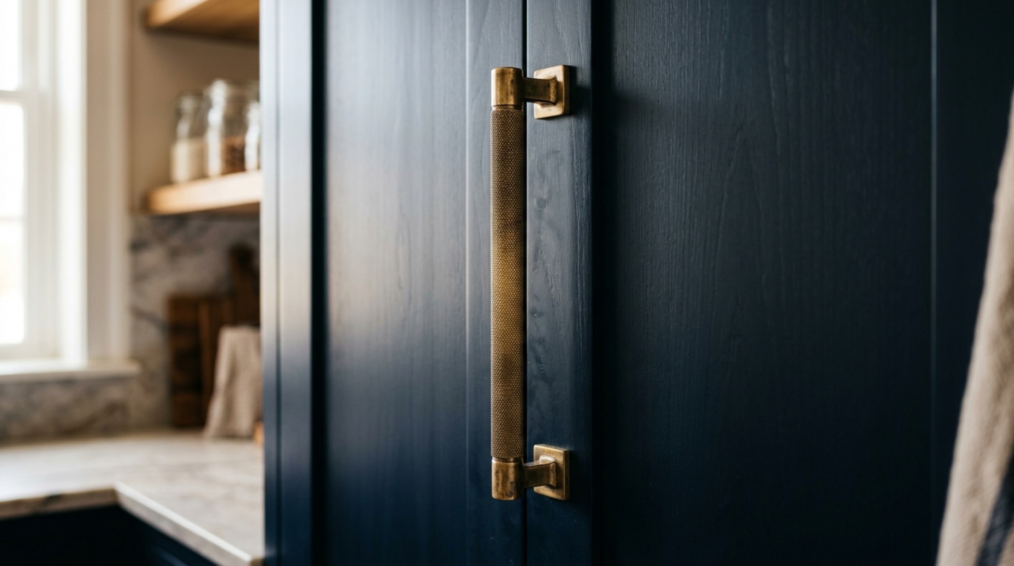 A close-up of tactile pantry millwork with a knurled brass handle against a Stratton Blue cabinet, emphasizing the importance of hardware in stylish pantry door design. A close-up of tactile pantry millwork with a knurled brass handle against a Stratton Blue cabinet, emphasizing the importance of hardware in stylish pantry door design.
