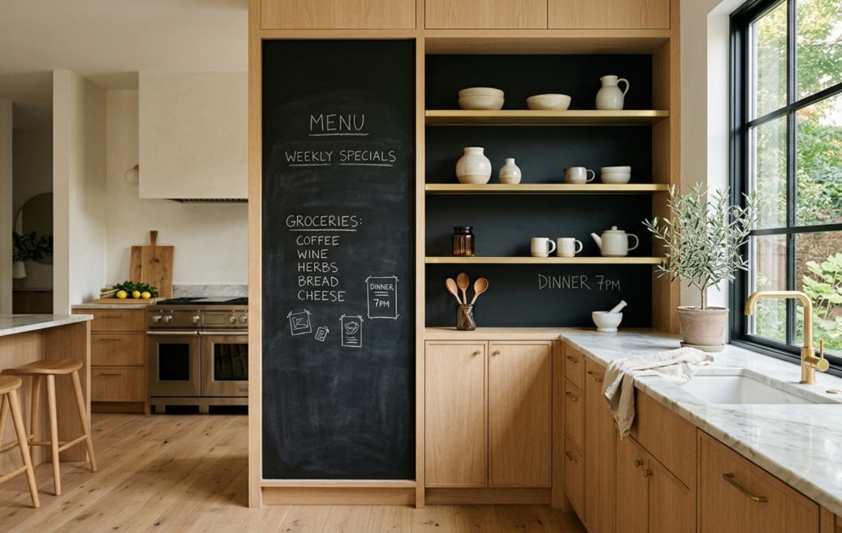 A floor-to-ceiling modern chalkboard wall kitchen featuring rift-sawn white oak millwork and integrated brass shelving, highlighting sophisticated chalkboard paint decor ideas.