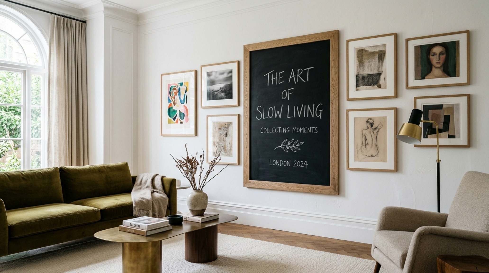 Living room gallery wall where one panel is a framed chalkboard, surrounded by fine art and custom millwork in Benjamin Moore Swiss Coffee.