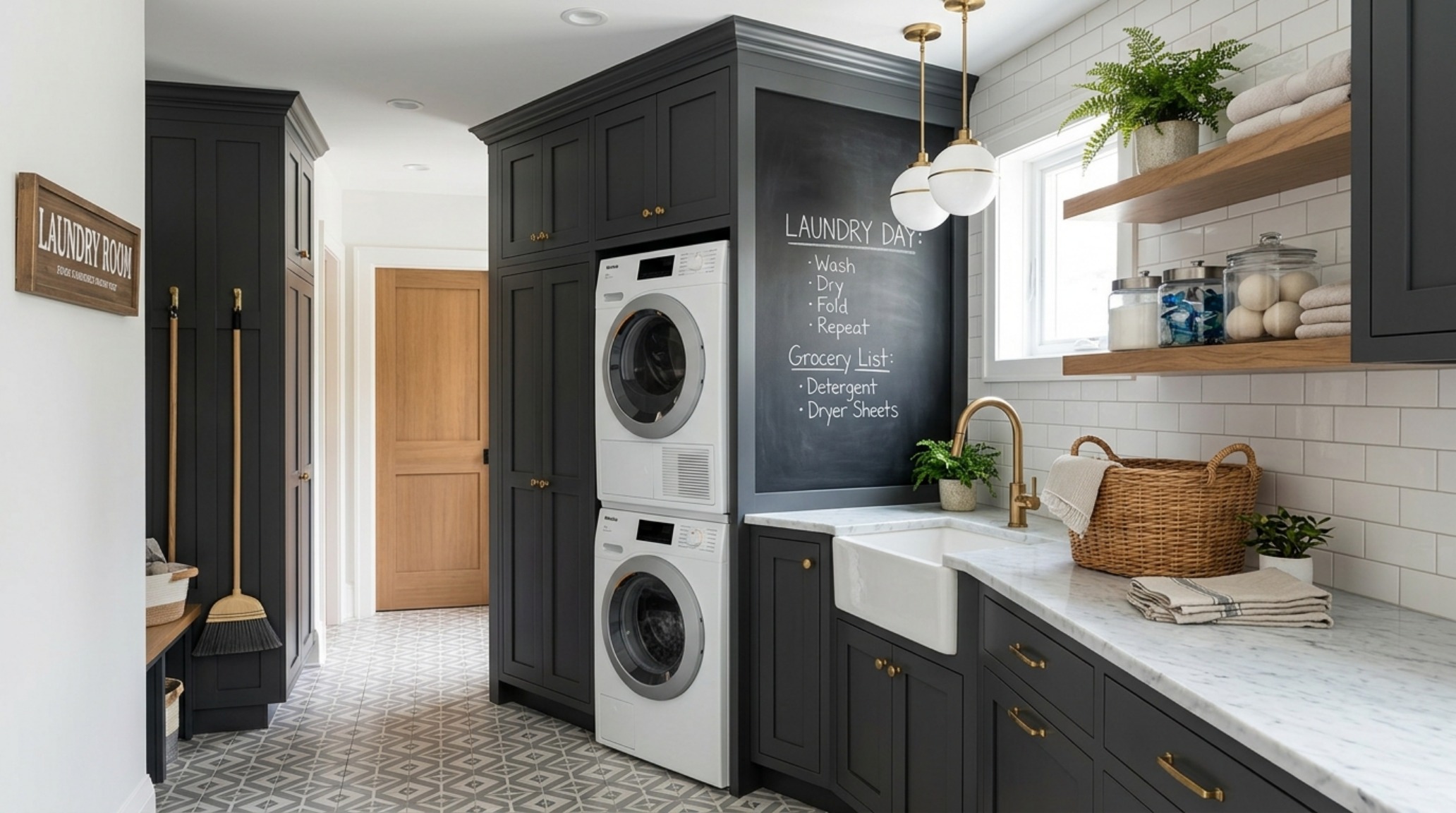 Modern laundry room with functional chalkboard paint decor ideas used for scheduling, integrated into sleek charcoal cabinetry and stone counters.