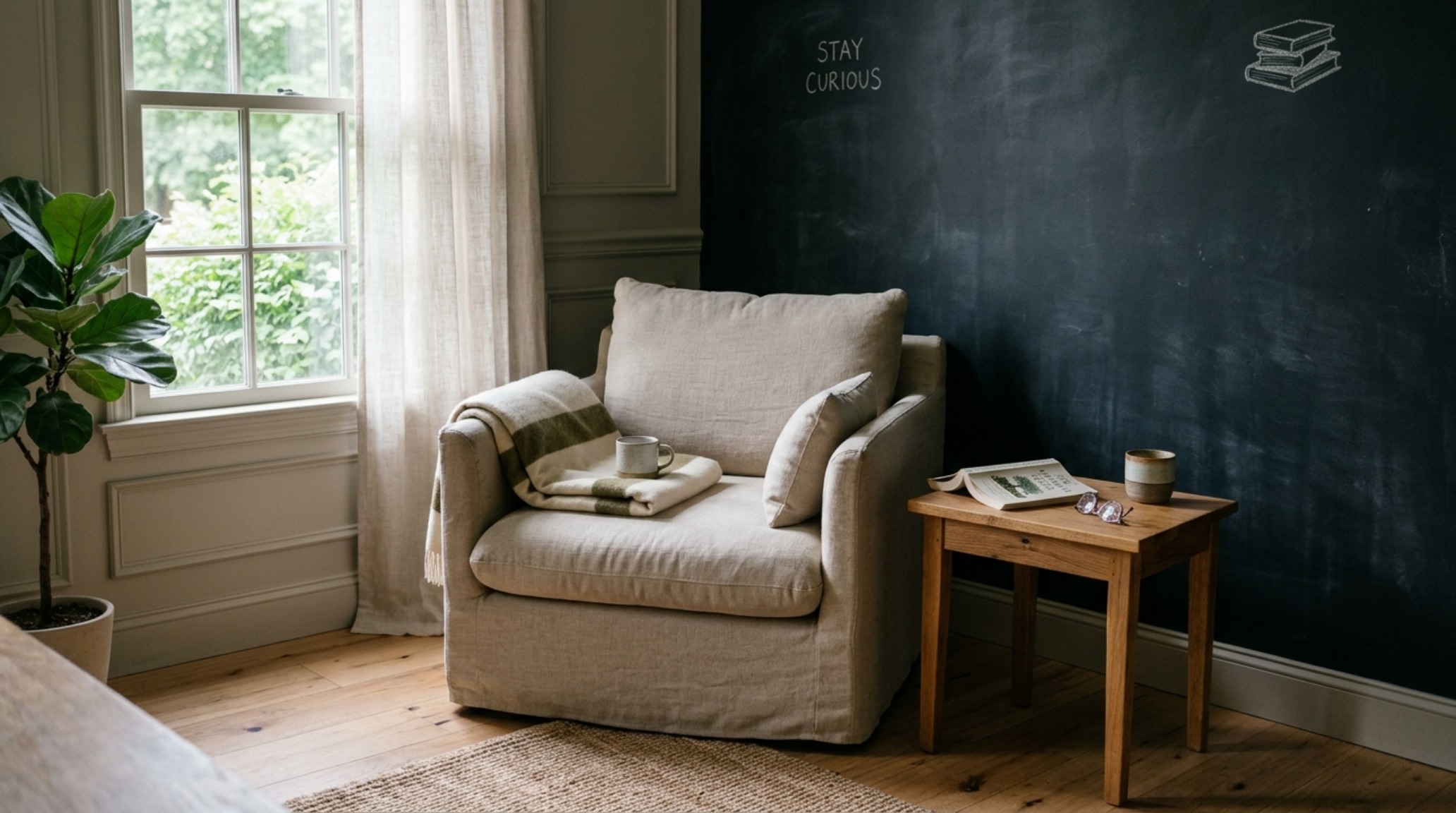 A cozy reading nook featuring a dark matte wall, soft textiles, and a 18-inch reach coffee table, exemplifying Quiet Luxury design principles.