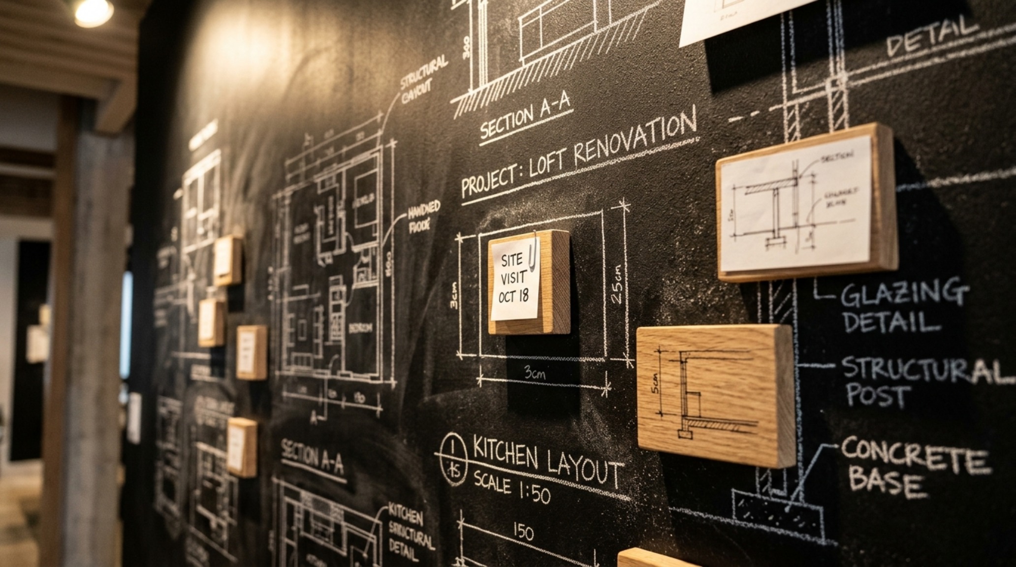 Close-up of a matte black accent wall styling with magnetic properties, showing hand-written architectural notes and magnetic timber blocks for organization.