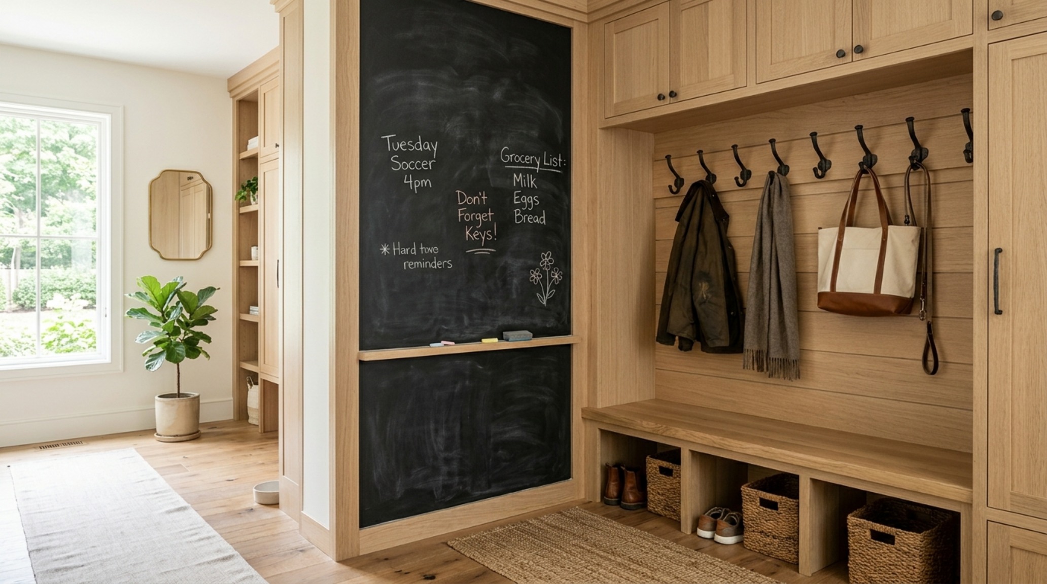 A functional mudroom design trend featuring a chalkboard wall, forged iron hooks, and a built-in oak bench with 18-inch clearance.