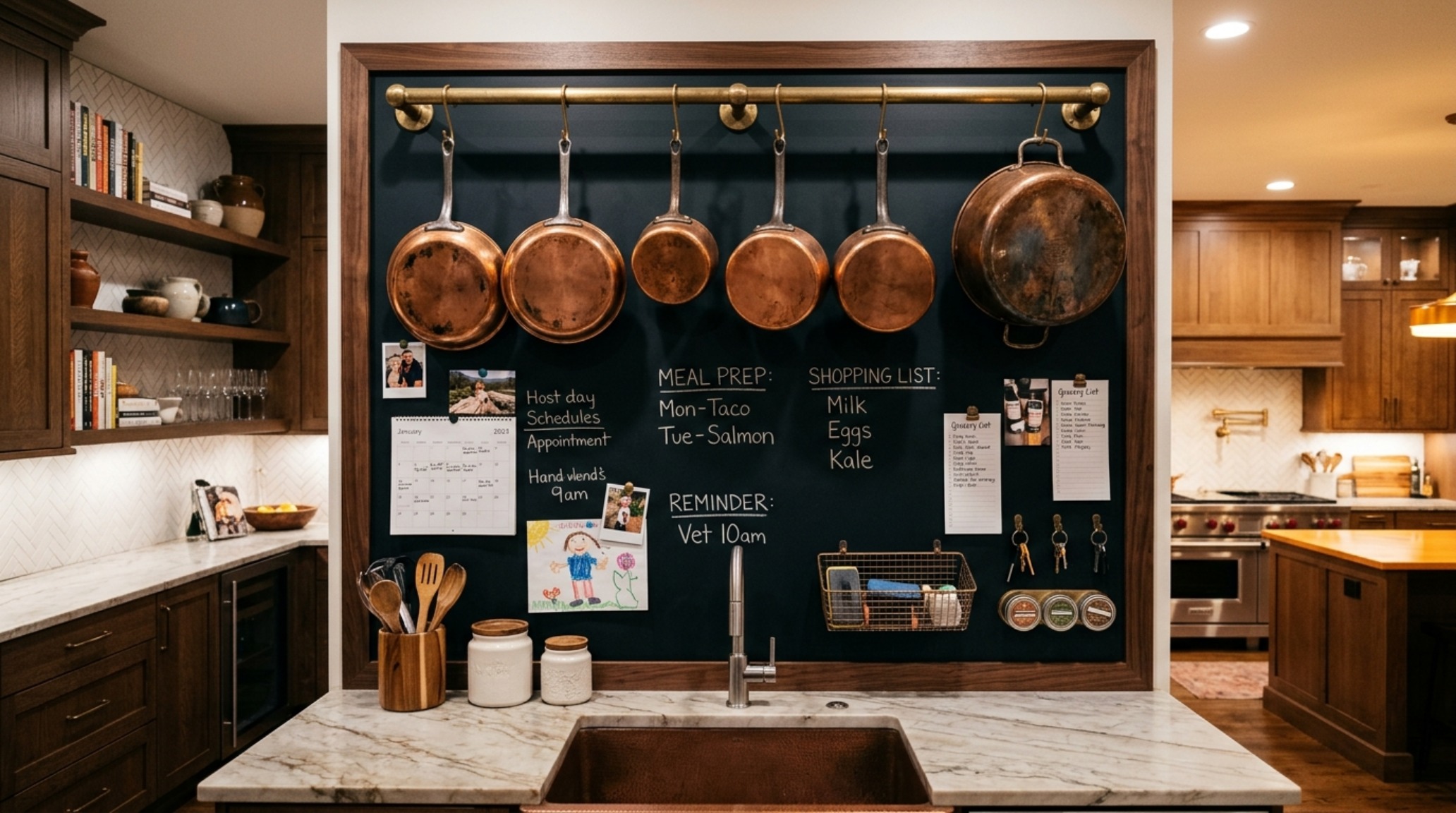 Sophisticated kitchen niche with magnetic chalkboard paint applications, displaying copper cookware against a deep matte charcoal backdrop.