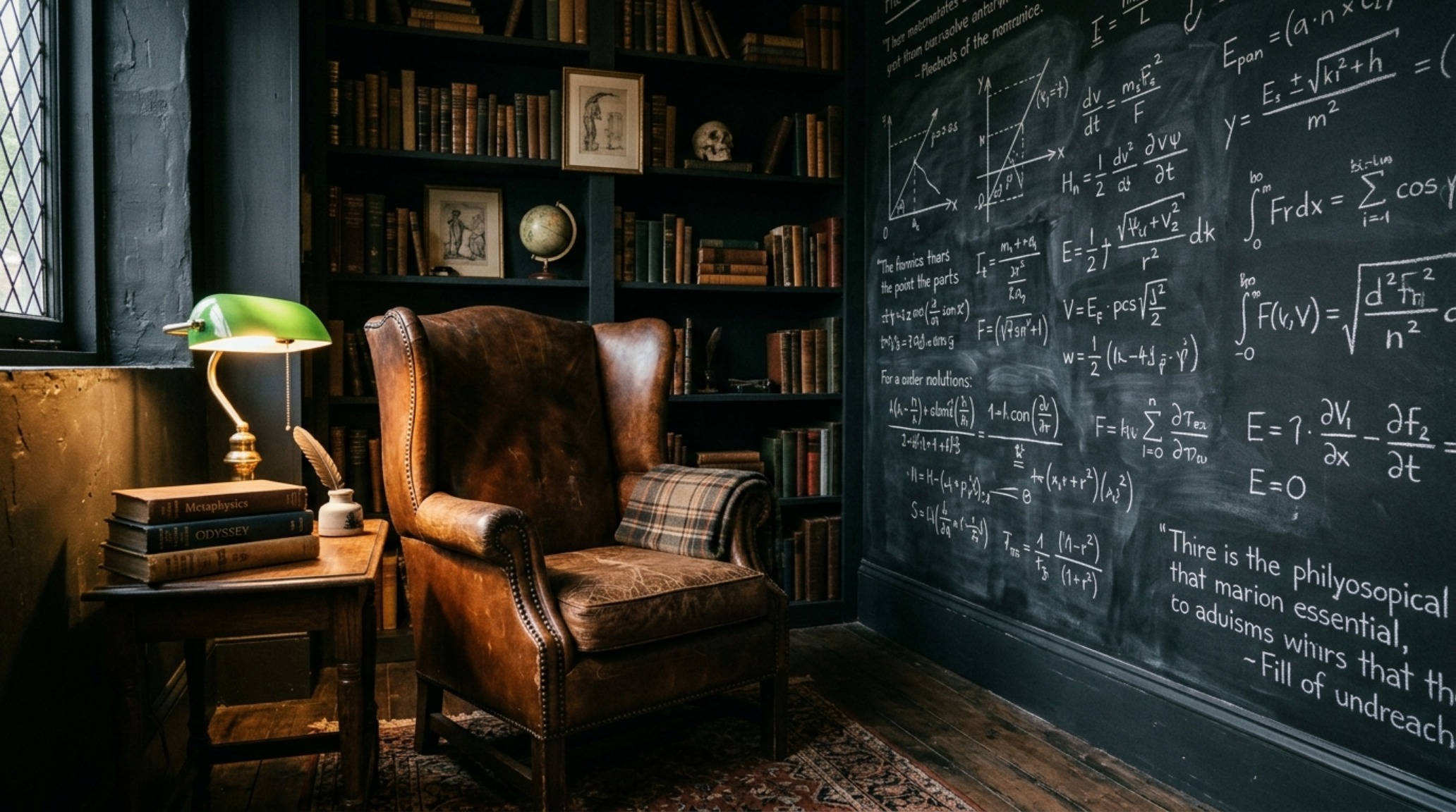 Dark academia interior library with monochrome matte walls, a vintage leather armchair, and warm 2700K directional lighting grazing the chalkboard surface.