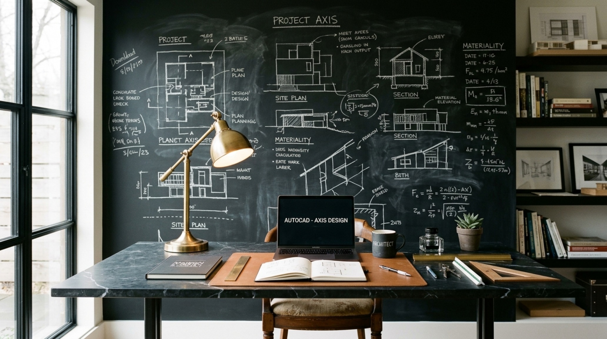 Elegant home office workspace featuring a large-scale chalkboard wall for brainstorming, paired with a honed marble desk and brass task lamp.