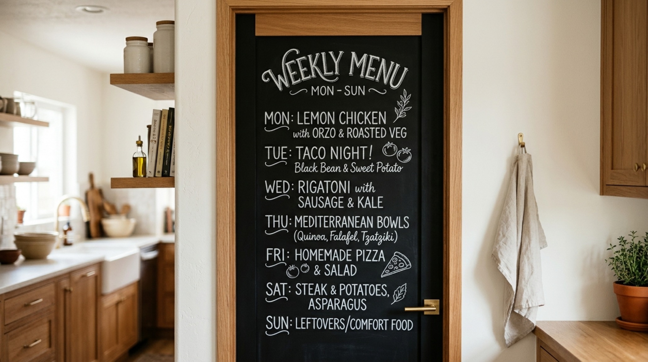A minimalist kitchen pantry door finished in chalkboard paint, used for curated meal planning and inventory in a modern organic home.